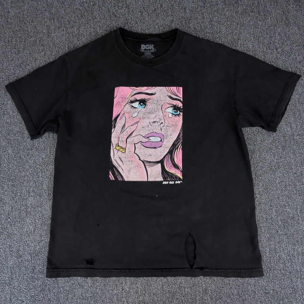 DGK Streetwear Graphic Tee Mens Large Faded Black Distressed Crying Girl Skate